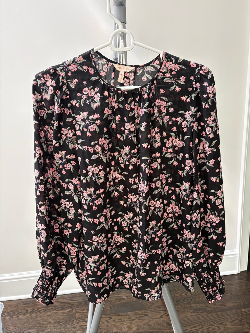 Rebecca Taylor Silk Black Floral Long-Sleeve Blouse - Pink Floral Print - size